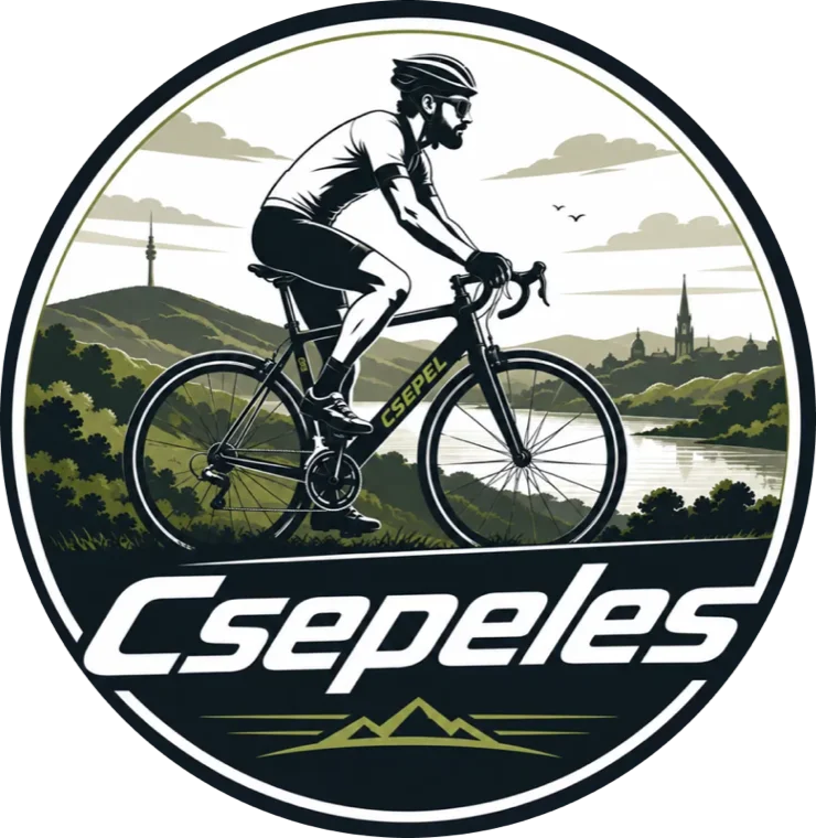 Csepeles logó – kerékpáros dombok és folyó előtt